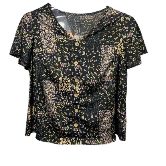 NWT Black Pink Ditsy Floral Button Front Flounce Sleeve Blouse 1XL 14 - Picture 2 of 12